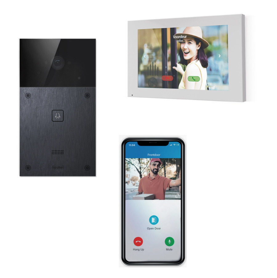 Doorphone entry video kit 1 button, with camera
7? Monitor � switch � 4 x app.